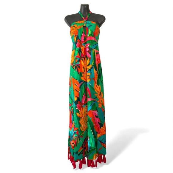 Farm Rio Anthropologie Cover-up Maxi Dress L Green Tassel Tropical Resort Beach - Picture 2 of 15
